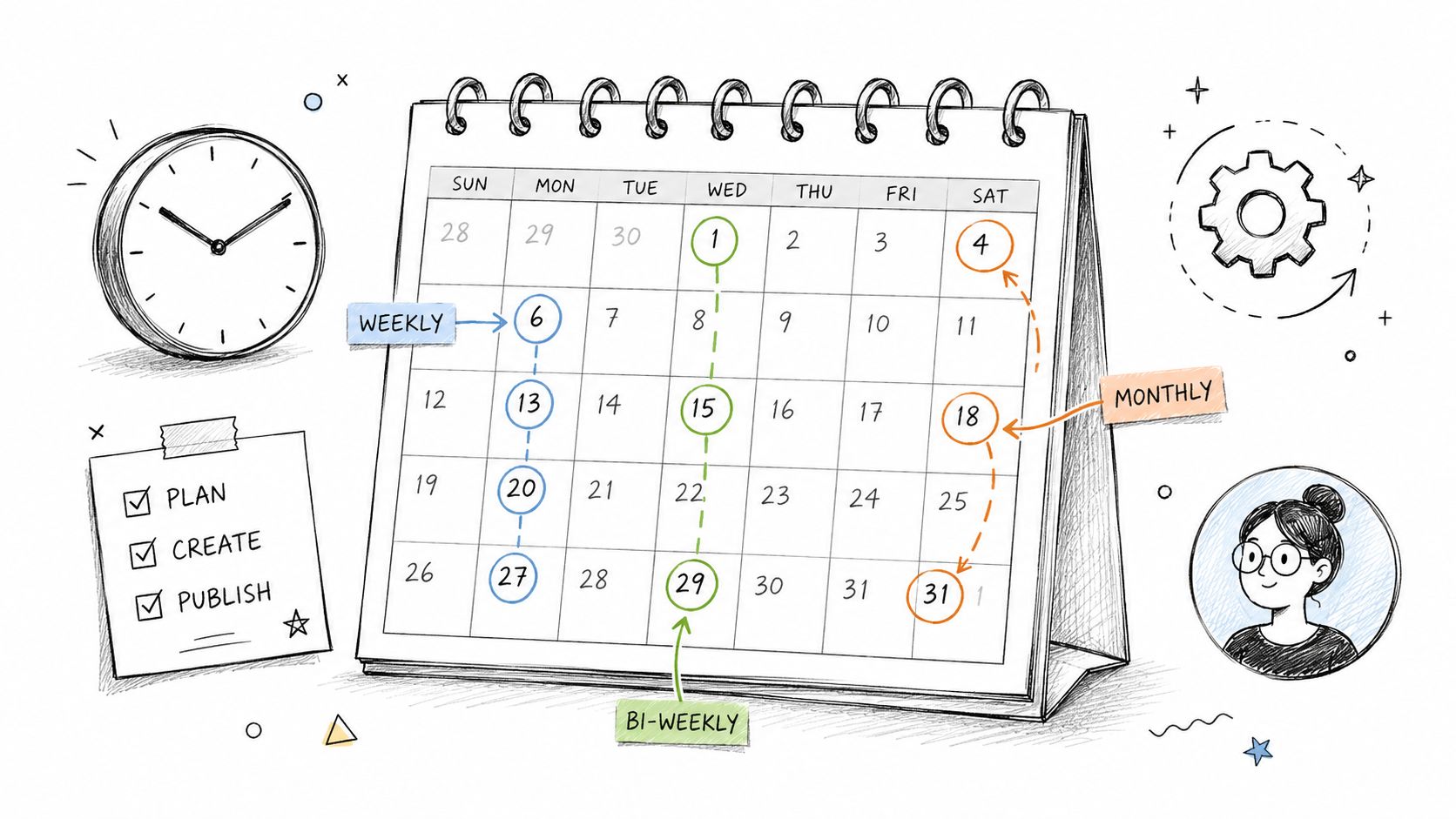 A hand-drawn calendar illustration featuring weekly, bi-weekly, and monthly scheduling icons and content planning workflow notes.