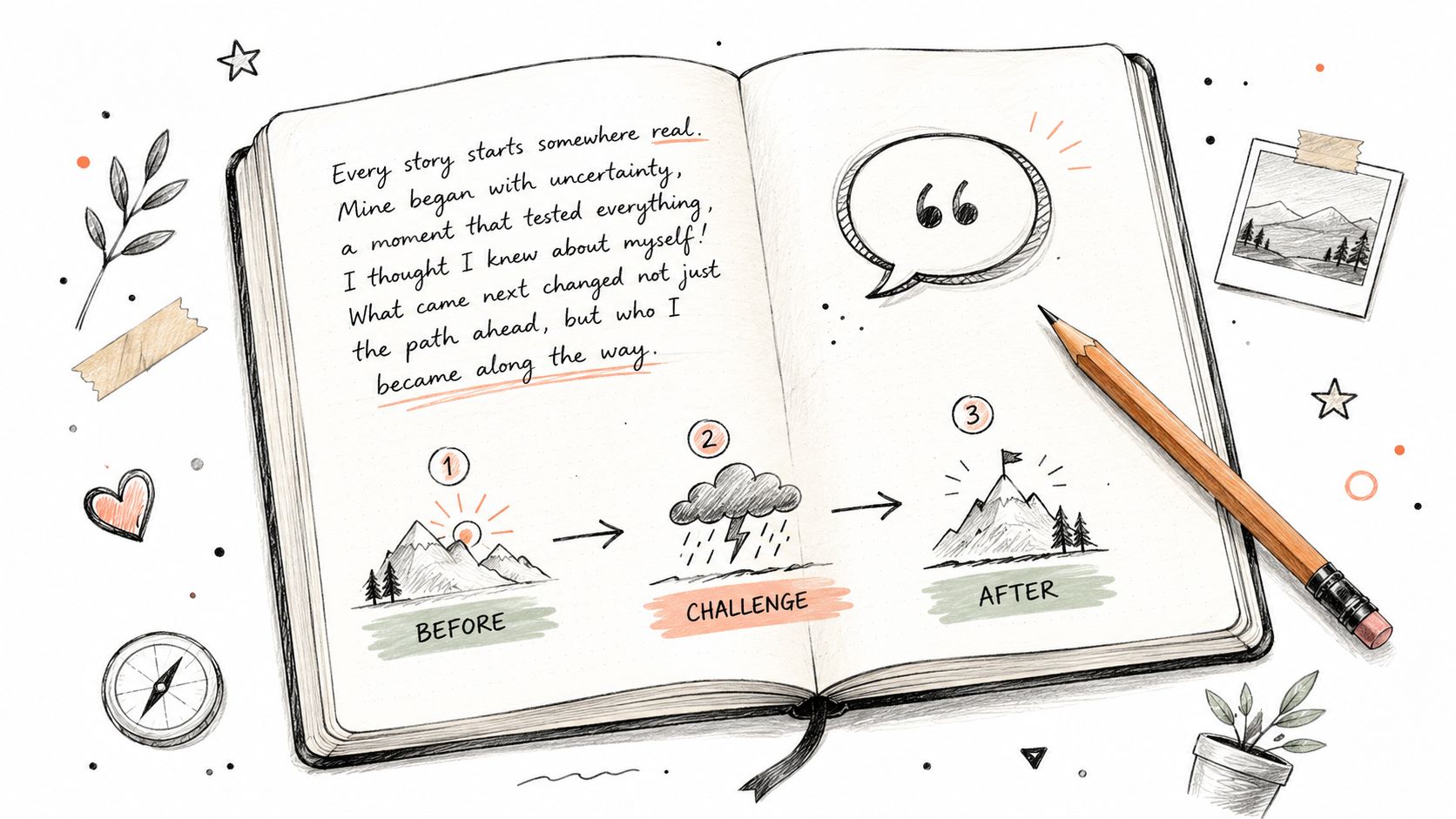 A hand-drawn illustration in a journal showing a journey from uncertainty to achievement with three stages.