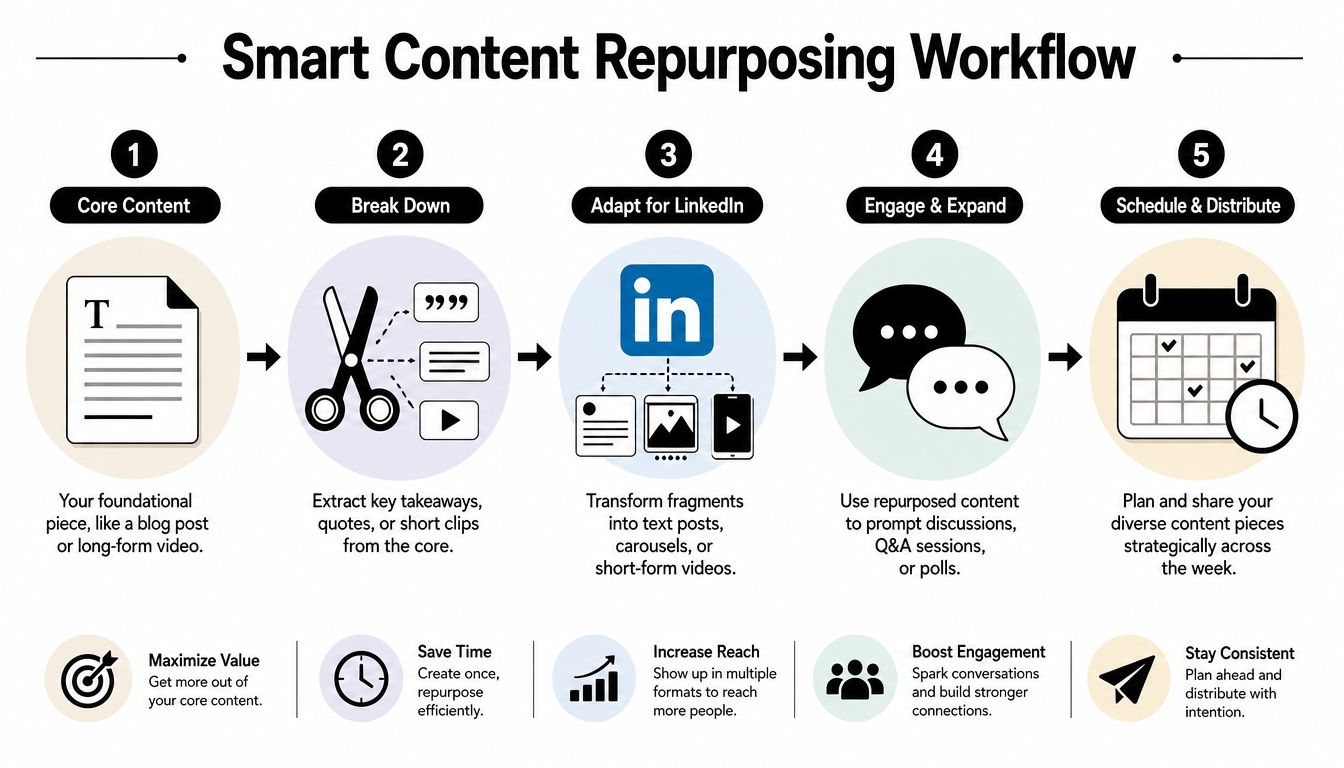 A five-step infographic showing a strategic workflow for repurposing core content into LinkedIn posts.