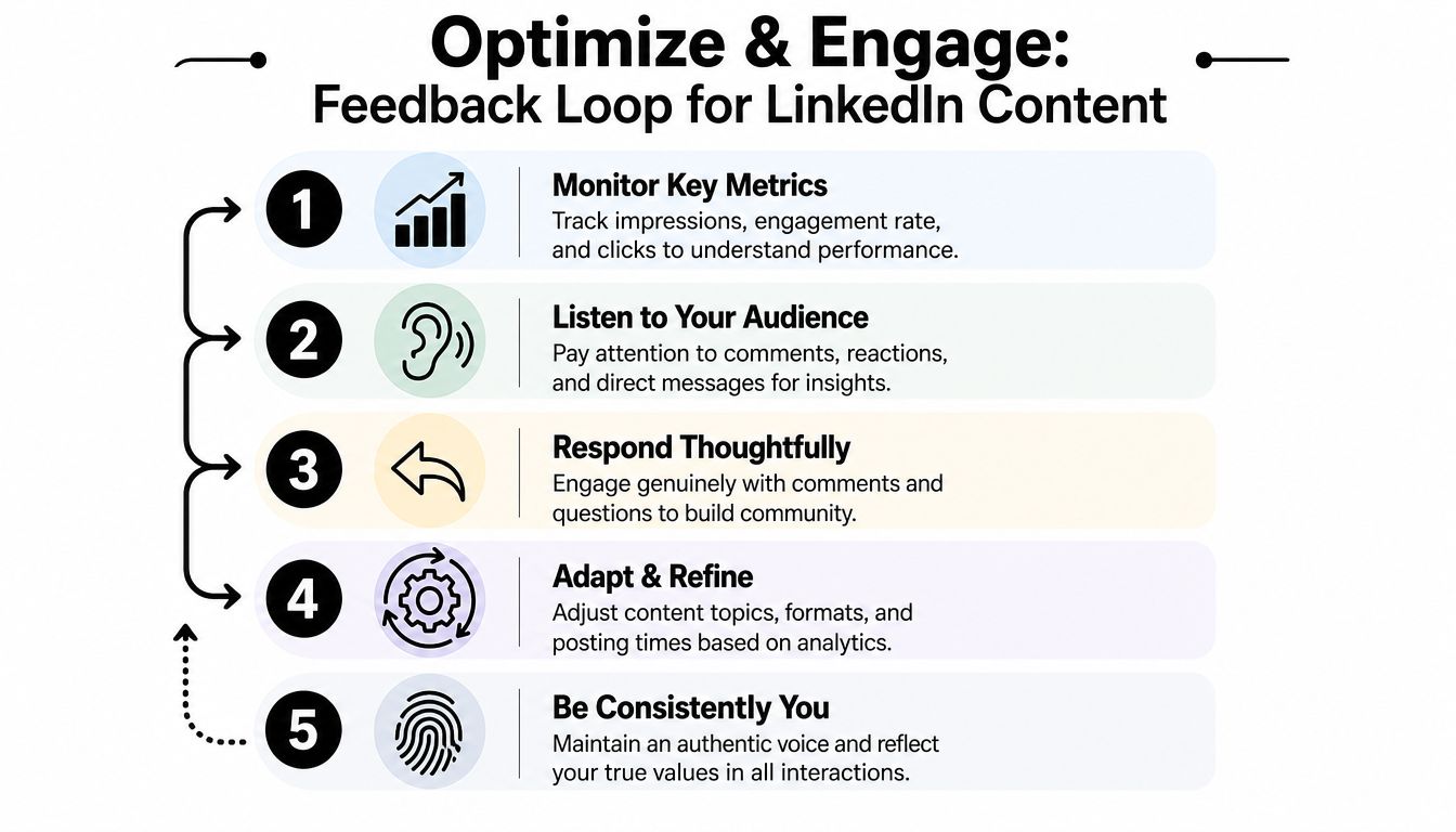 A five-step feedback loop infographic for optimizing and engaging with content on LinkedIn for better performance.