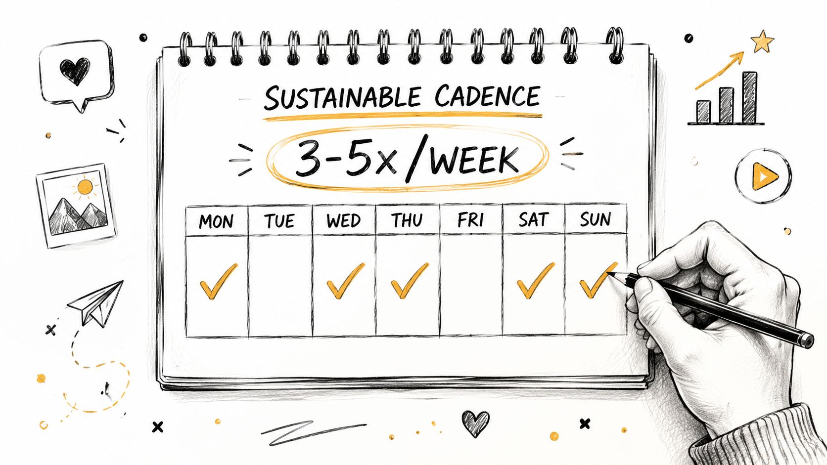 A hand filling out a weekly calendar showing a sustainable habit tracking cadence of three to five times.