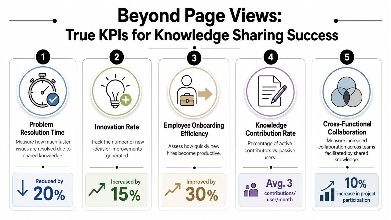 An infographic titled Beyond Page Views showing five key performance indicators for measuring knowledge sharing success.