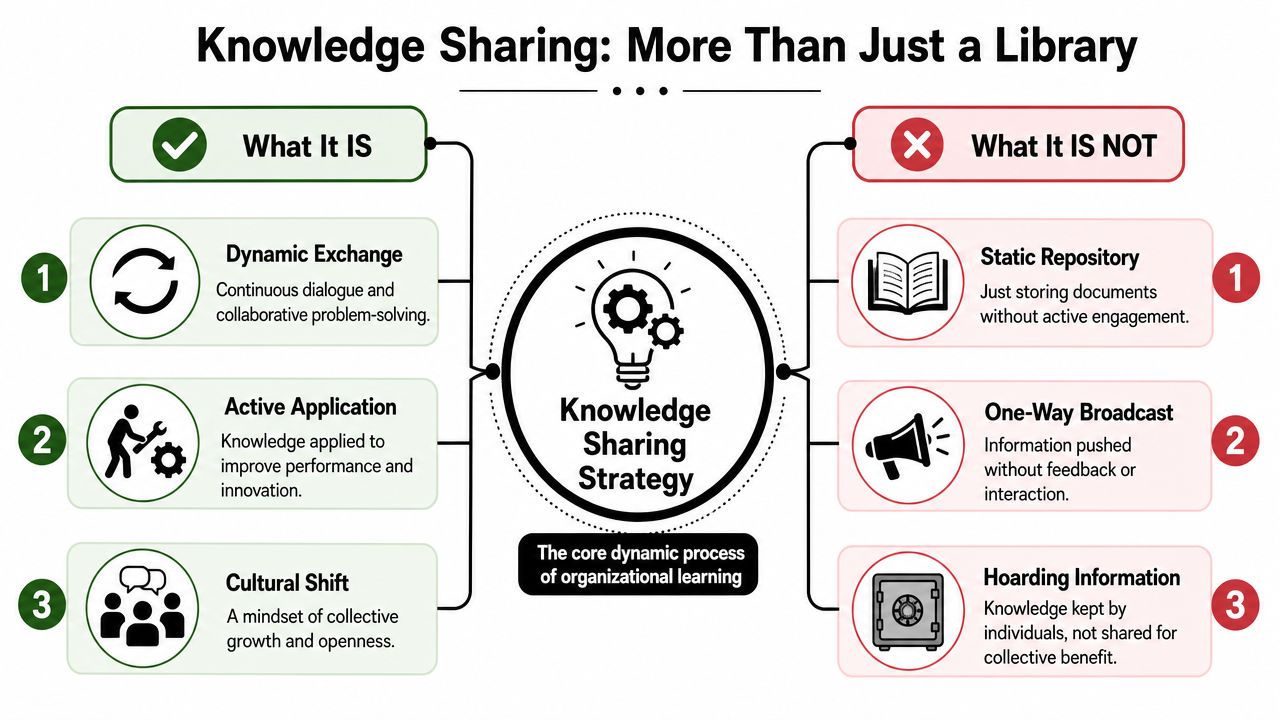 A diagram contrasting the positive elements of a knowledge sharing strategy versus ineffective traditional methods.