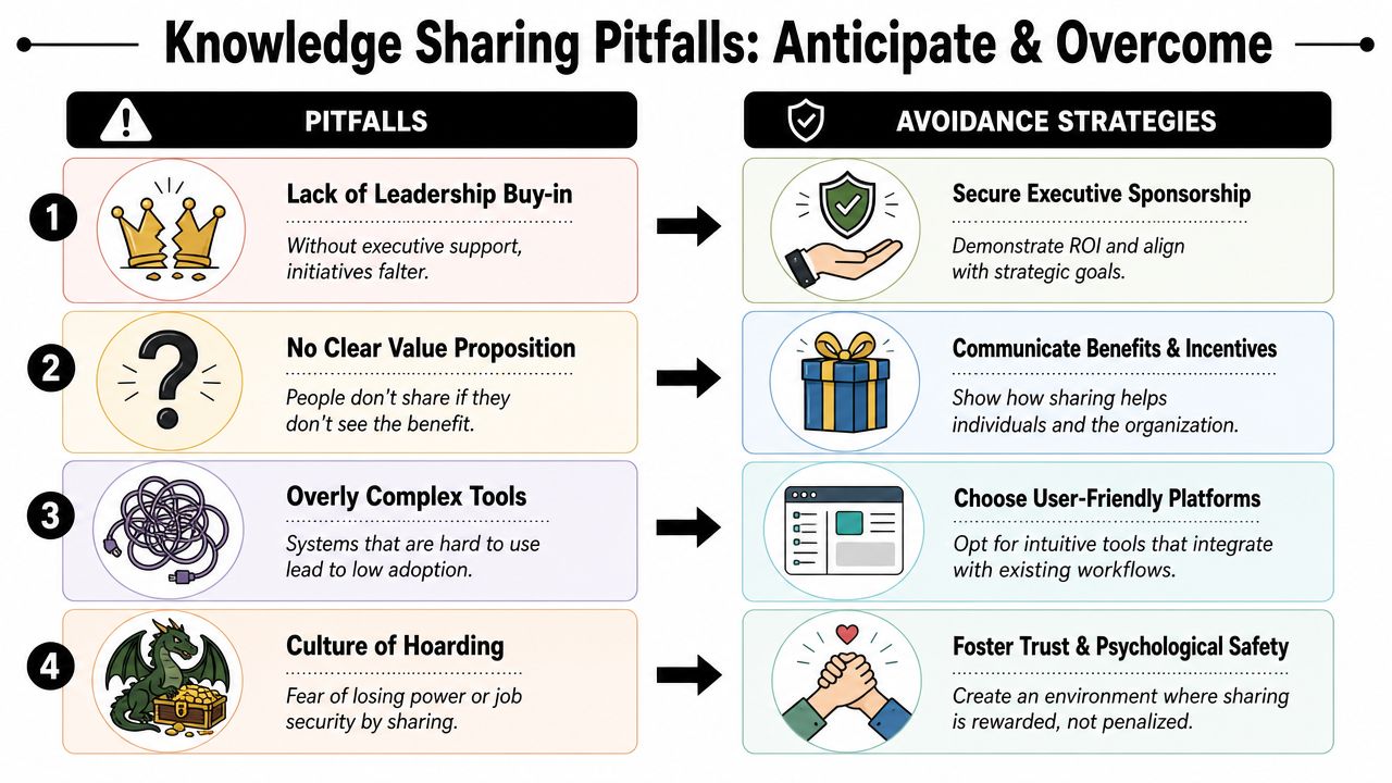 A diagram illustrating four common knowledge sharing pitfalls and corresponding avoidance strategies for organizational success.