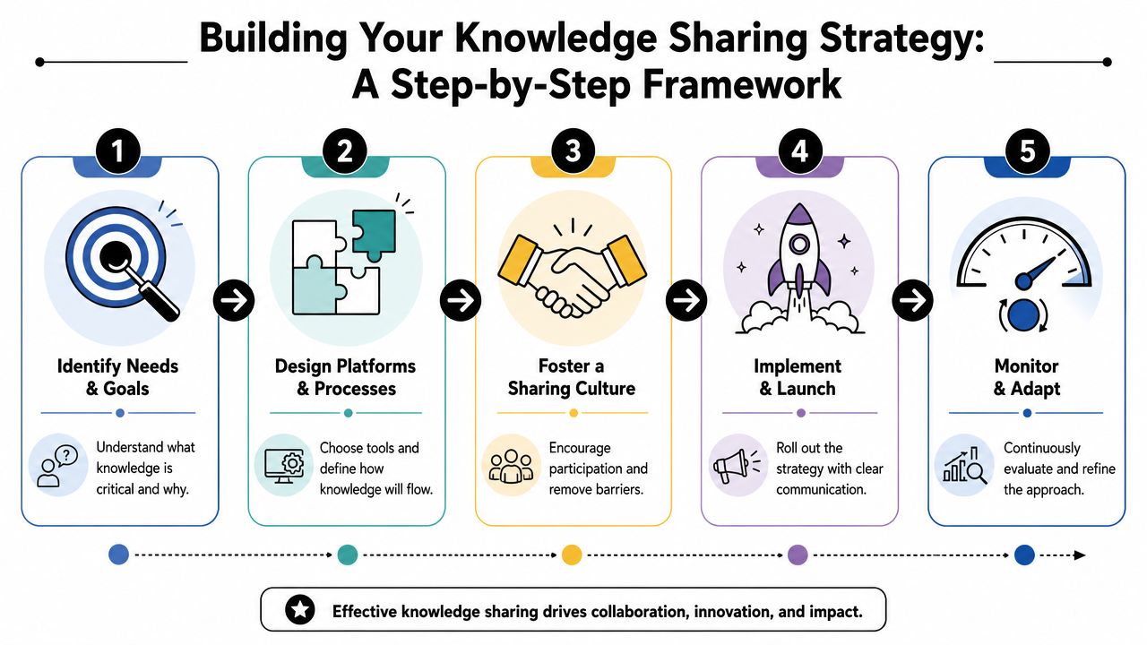 A five-step framework infographic illustrating a professional process for building an effective organizational knowledge sharing strategy.