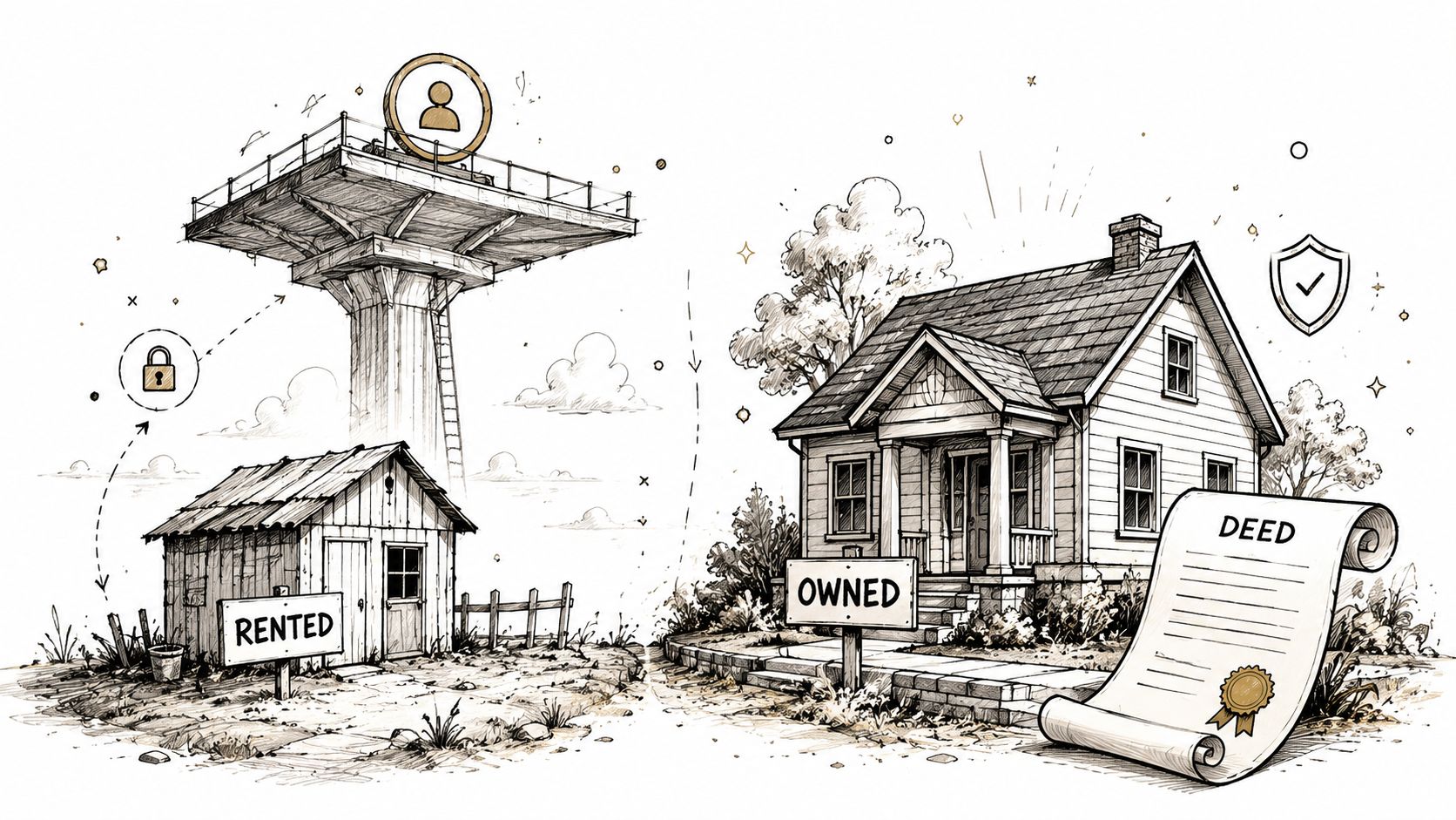 A hand-drawn illustration contrasting a rented shed with an owned house and a legal deed document.