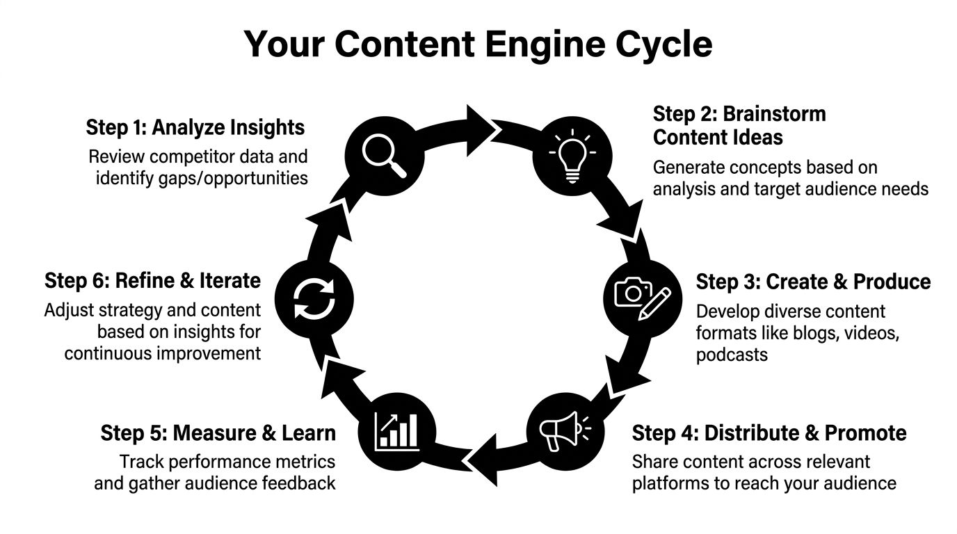 A circular diagram illustrating the six steps of a content engine cycle for marketing and strategy.