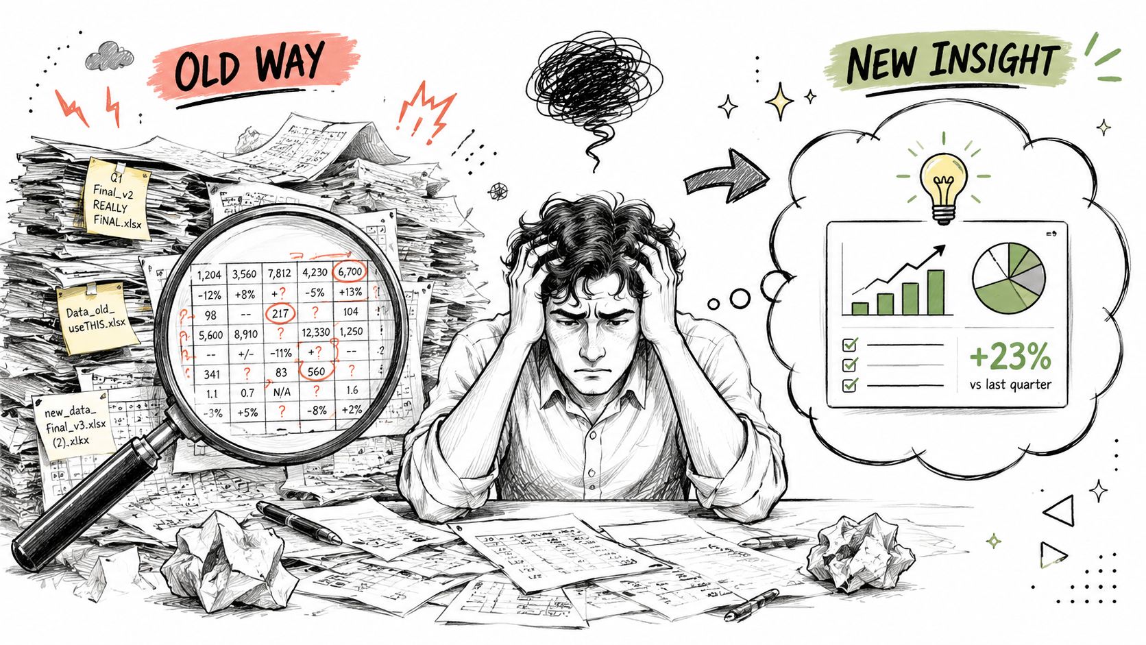 A person feeling overwhelmed by messy paperwork comparing chaotic data files to a simplified digital insights dashboard.