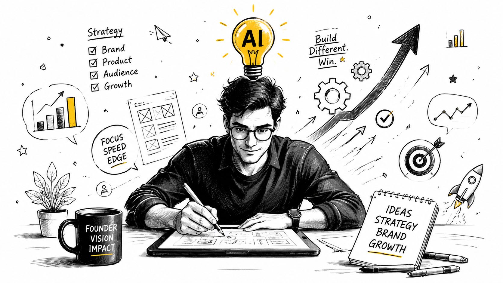 A focused man with glasses sketching on a tablet, symbolizing AI-assisted strategy and creative business development.