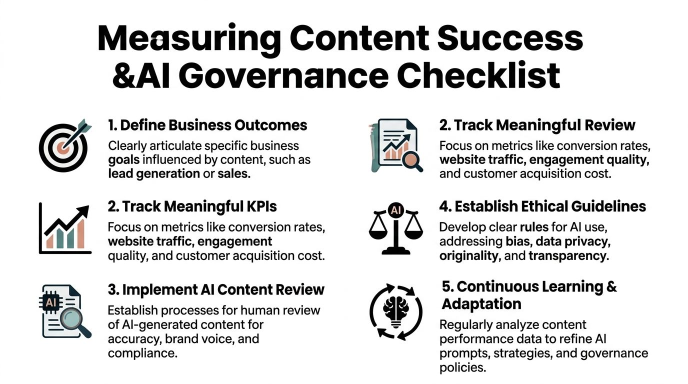 A checklist infographic titled Measuring Content Success and AI Governance highlighting essential steps for content strategy.