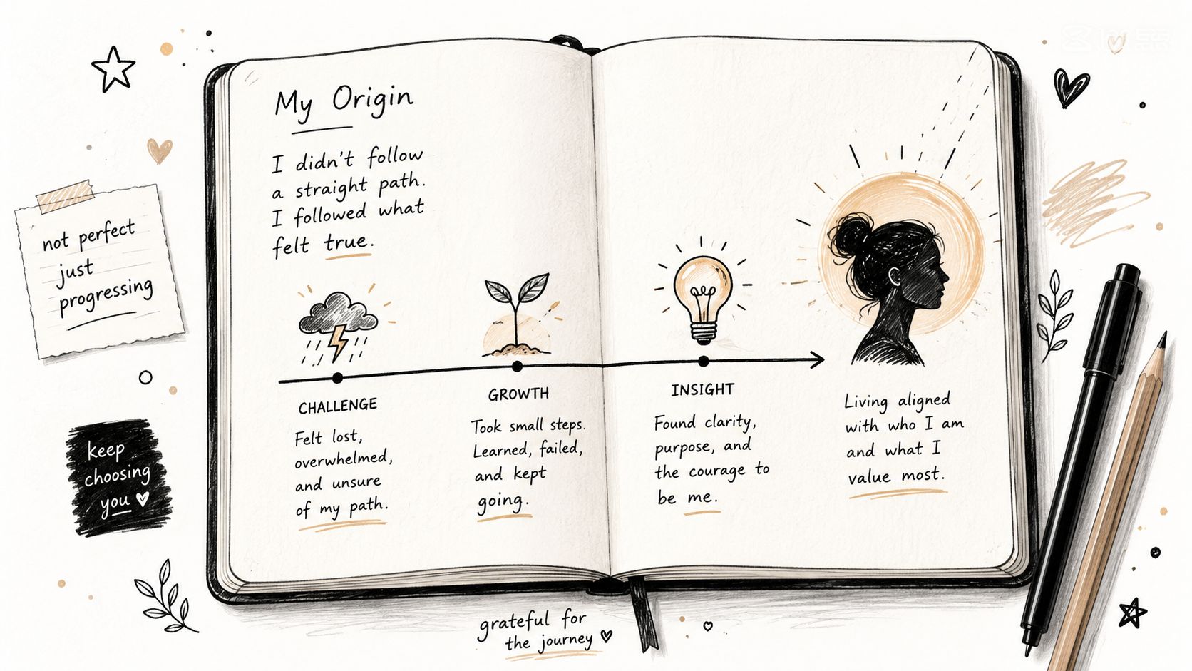 A hand-drawn journal page illustrating a personal journey of growth from challenge and insight to alignment.