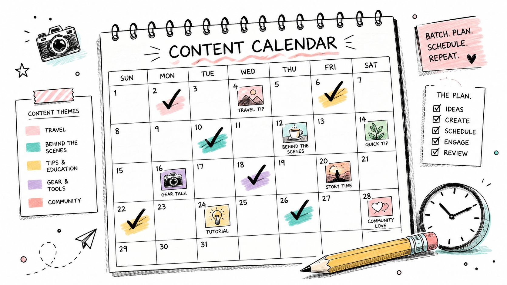 A hand-drawn content calendar for social media planning with checkmarks, icons, and categories for scheduling posts.