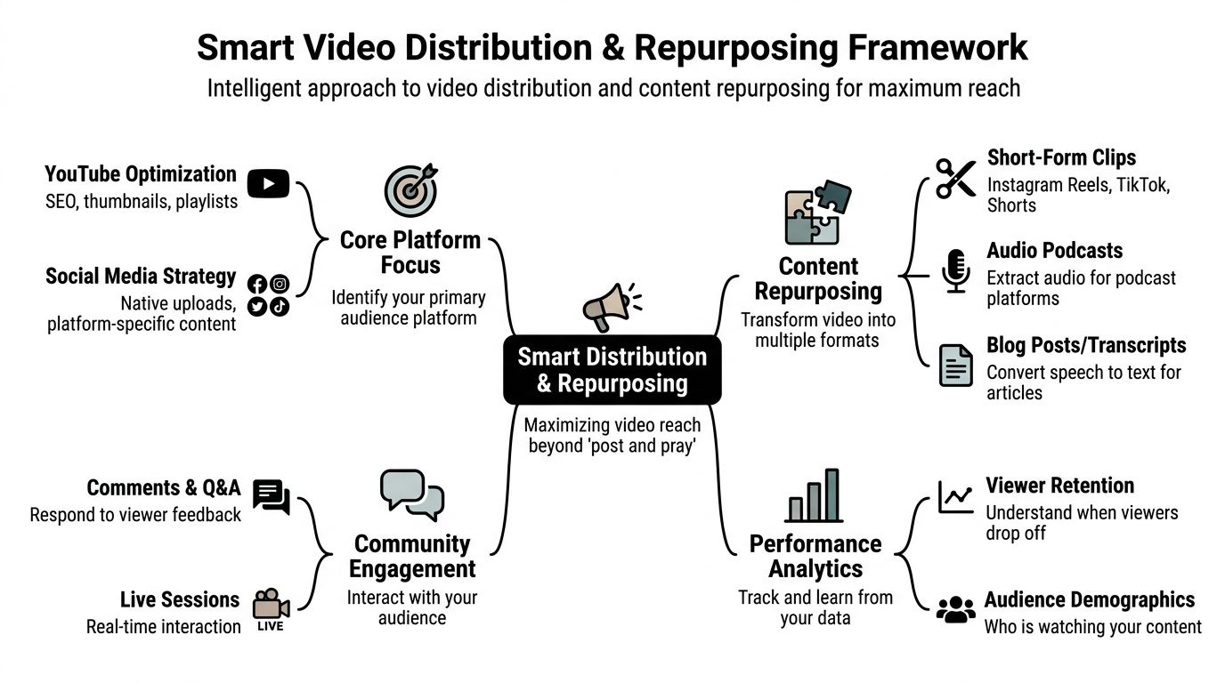 A diagram illustrating a framework for smart video distribution and content repurposing to maximize audience reach.
