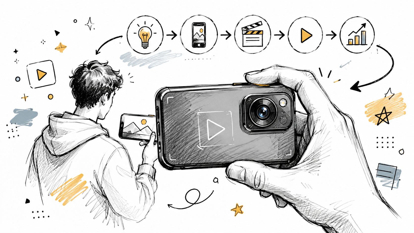 A hand-drawn illustration showing the process of creating video content with a smartphone and creative tools.