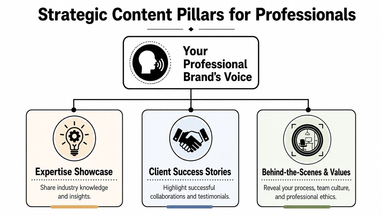 A diagram outlining three strategic content pillars for building a professional brand on social media platforms.