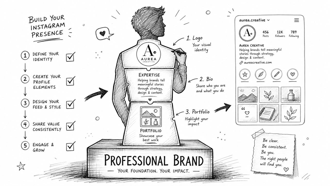 A hand-drawn illustration outlining the five steps to building a professional brand presence on Instagram.