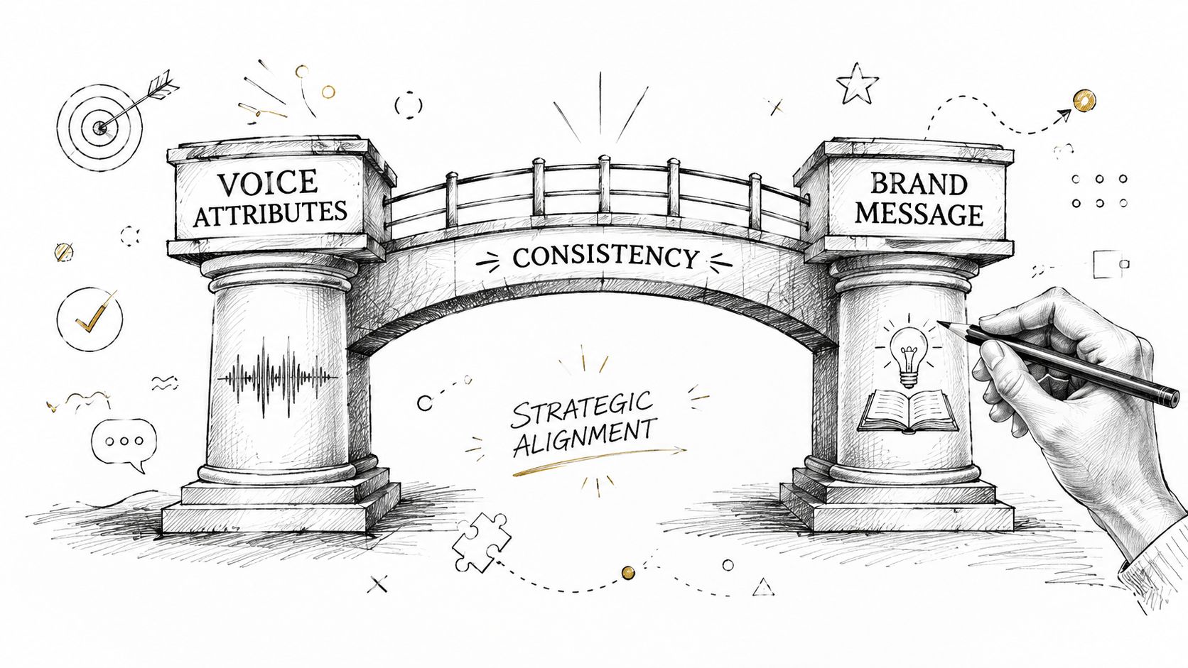 A hand-drawn illustration showing a stone bridge labeled Consistency connecting Voice Attributes and Brand Message pillars.