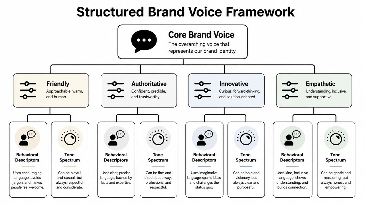 A structured brand voice framework chart illustrating categories like friendly, authoritative, innovative, and empathetic for communications.