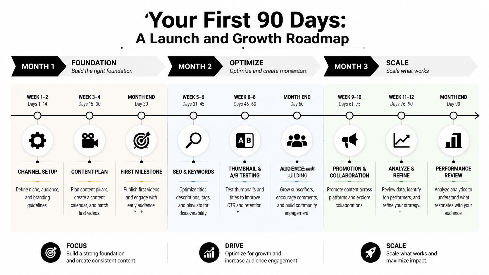 A 90-day roadmap infographic outlining a step-by-step strategy for launching and growing a YouTube channel.