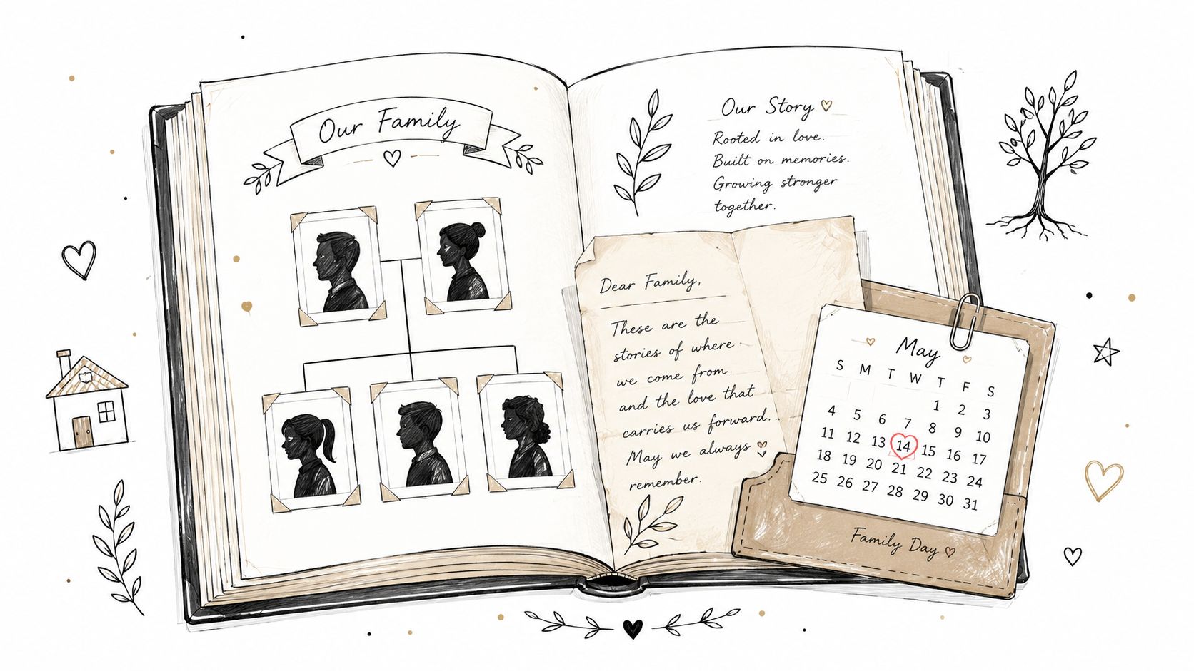 A hand-drawn illustration of an open scrapbook featuring a family tree diagram, a note, and a calendar.