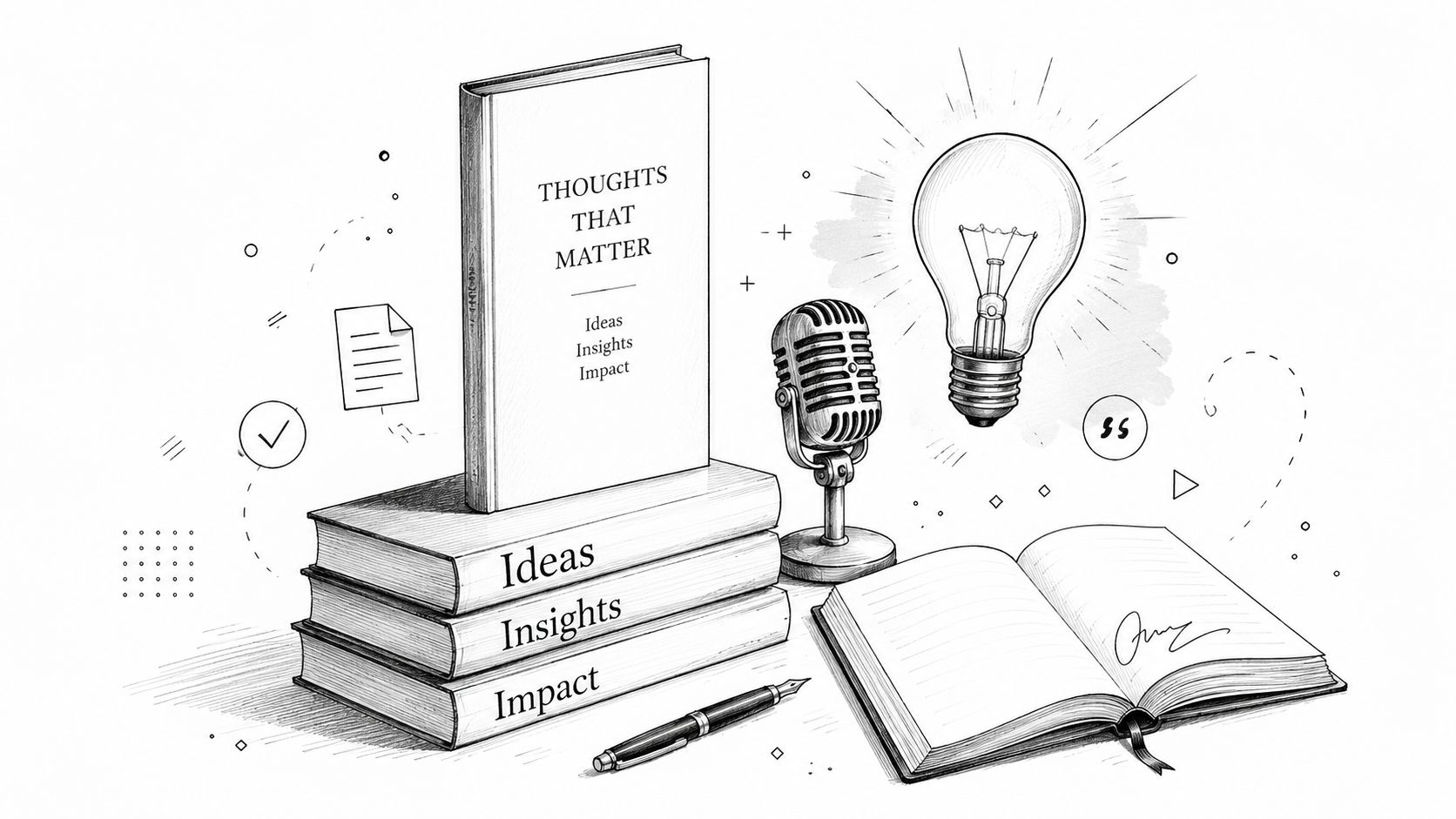 An illustration of books, a vintage microphone, a lightbulb, and a pen representing thoughtful content creation.