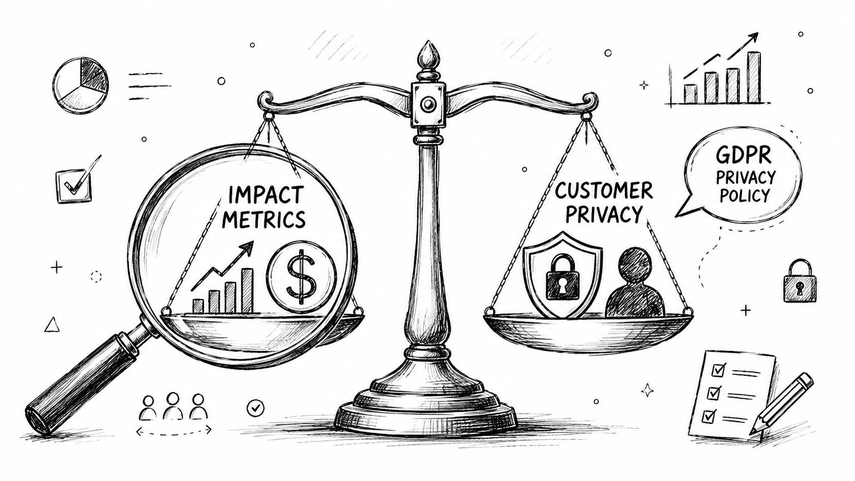 A conceptual sketch of a scale balancing business impact metrics and customer privacy with compliance symbols.