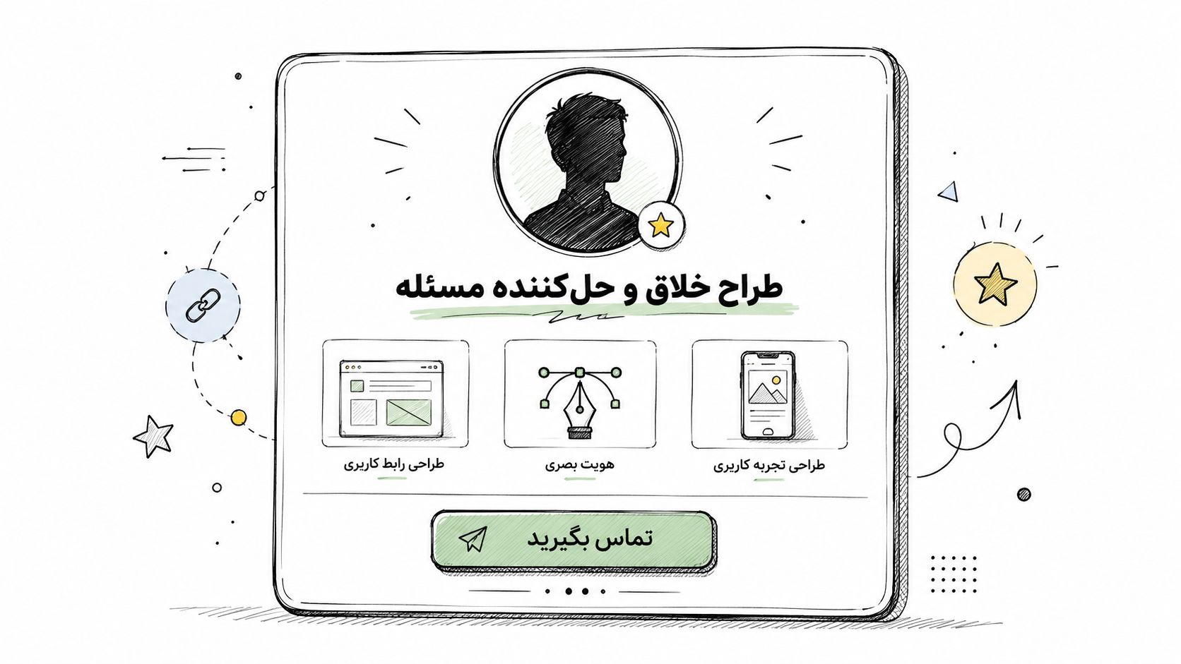 A professional profile sketch for a creative designer and problem solver focusing on UI, UX, and branding.