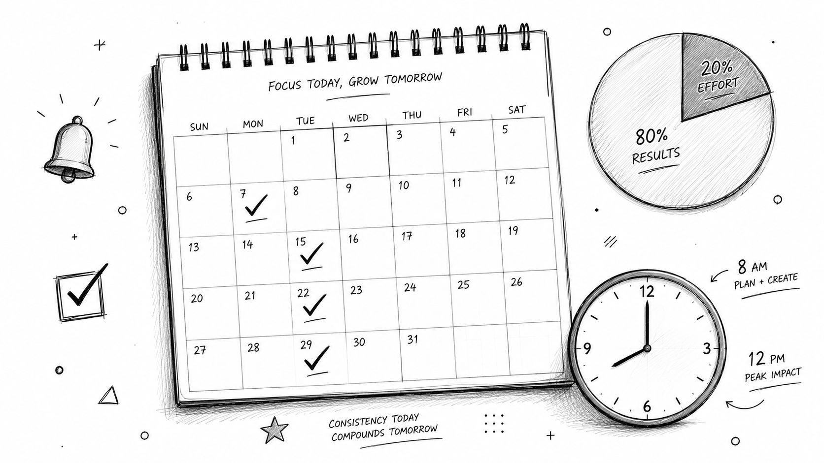 A hand-drawn calendar, pie chart, and clock illustrating time management, productivity, and the power of consistency.