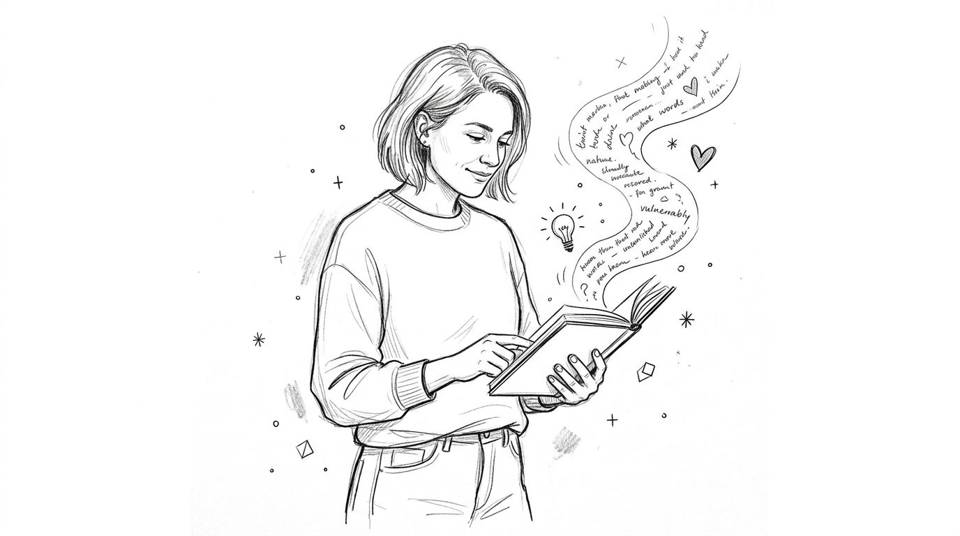 A pencil sketch illustration of a woman reading a book with creative ideas and thoughts floating out.