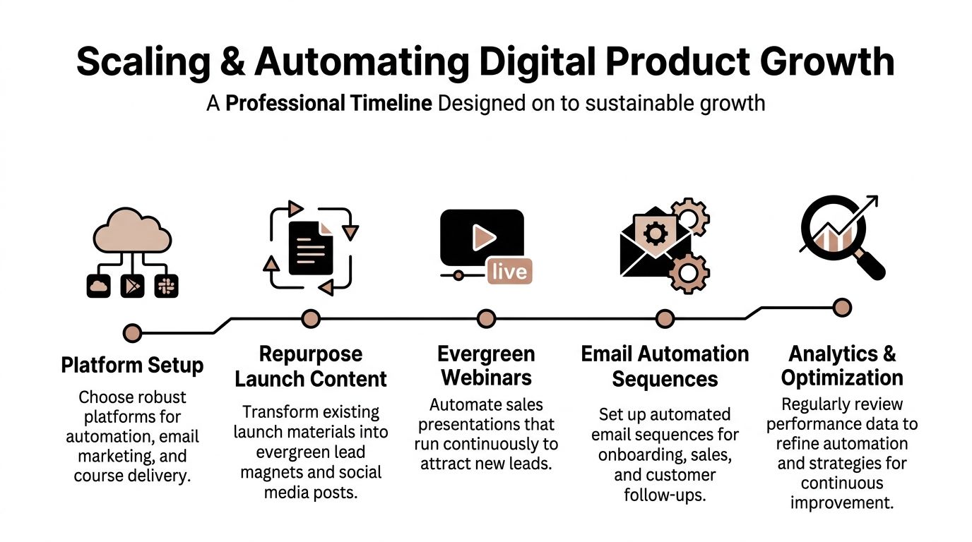A professional infographic timeline showing five steps for scaling and automating digital product growth effectively.