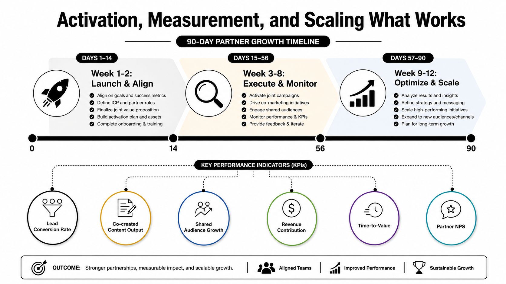 A 90-day partner growth timeline infographic illustrating the process of launching, executing, and scaling strategic business partnerships.