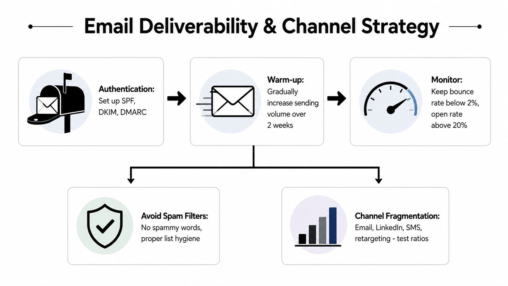 An infographic showing the five key steps of an email deliverability and multi-channel marketing strategy.
