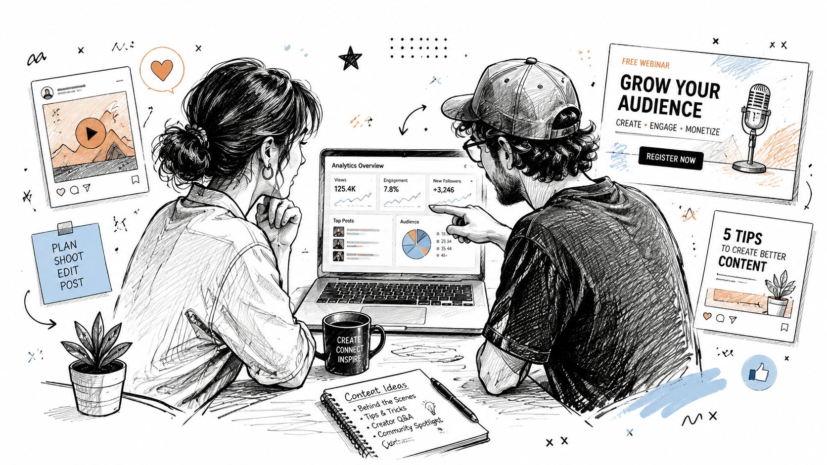 A creative team collaborates on a social media strategy while reviewing analytics on a laptop screen.
