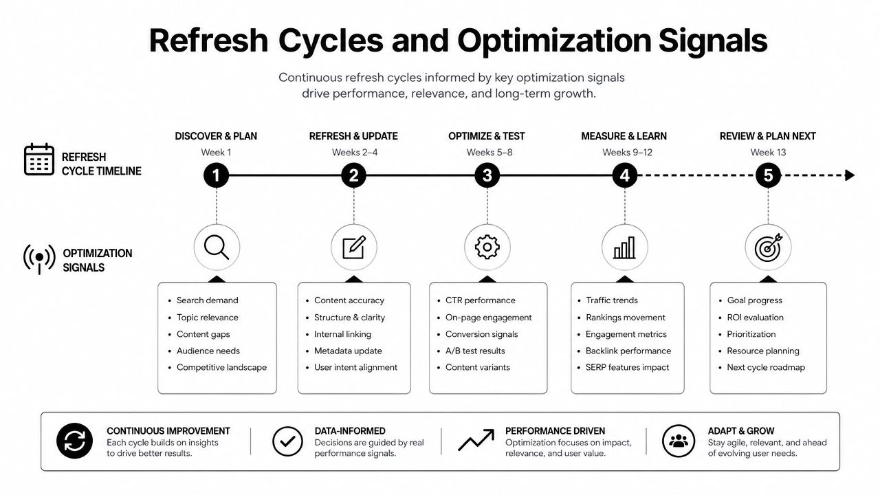 A 13-week SEO refresh cycle timeline infographic detailing the continuous optimization process and key performance signals.