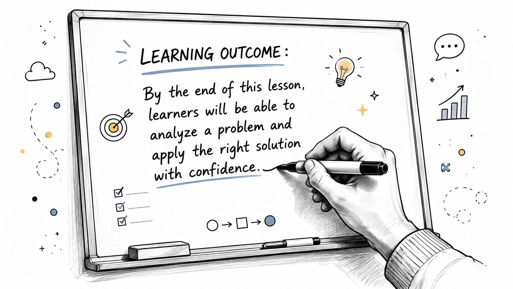 A hand writes learning outcomes on a whiteboard about analyzing problems and applying solutions with confidence.