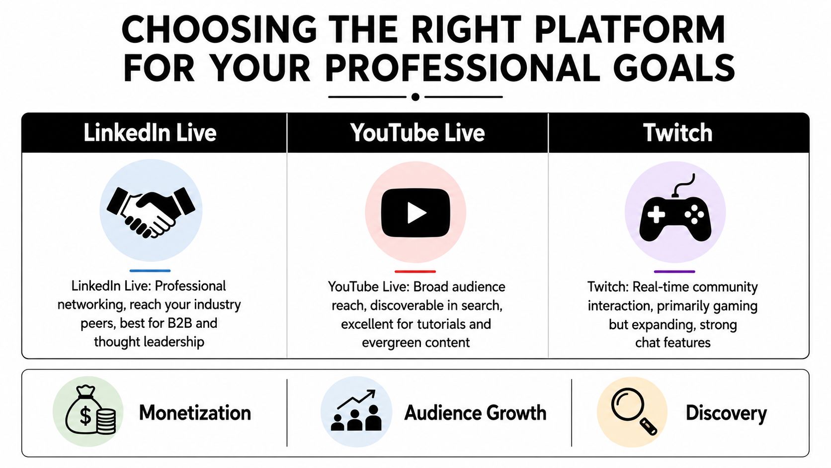A comparison chart showing LinkedIn Live, YouTube Live, and Twitch for professional goals and audience growth.