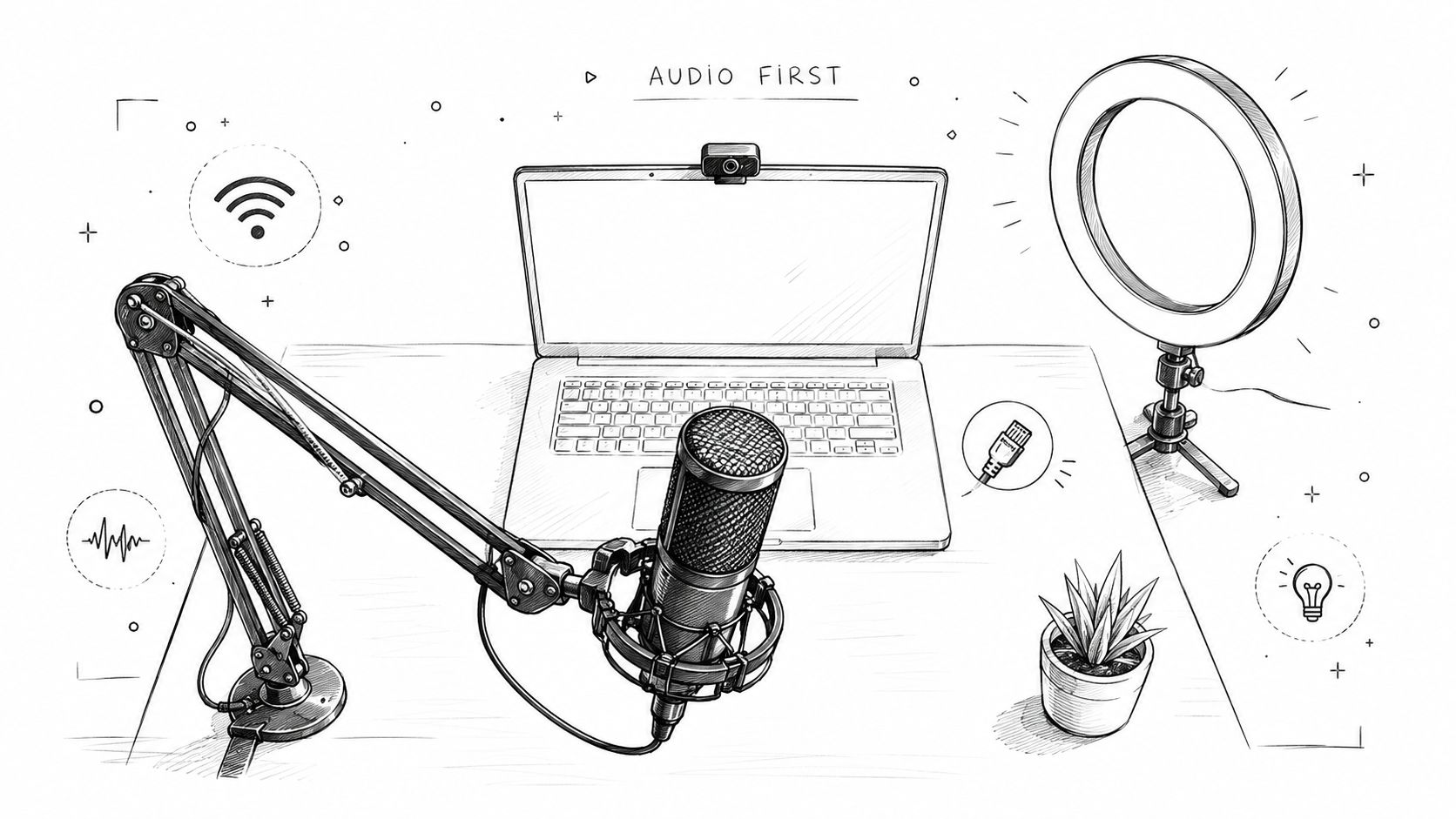 A detailed black and white sketch illustration of a modern podcasting or live streaming workspace setup.