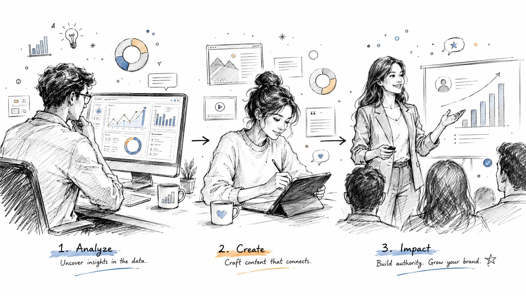 A professional illustration of a three-step data-driven content strategy featuring analysis, content creation, and impactful presentations.