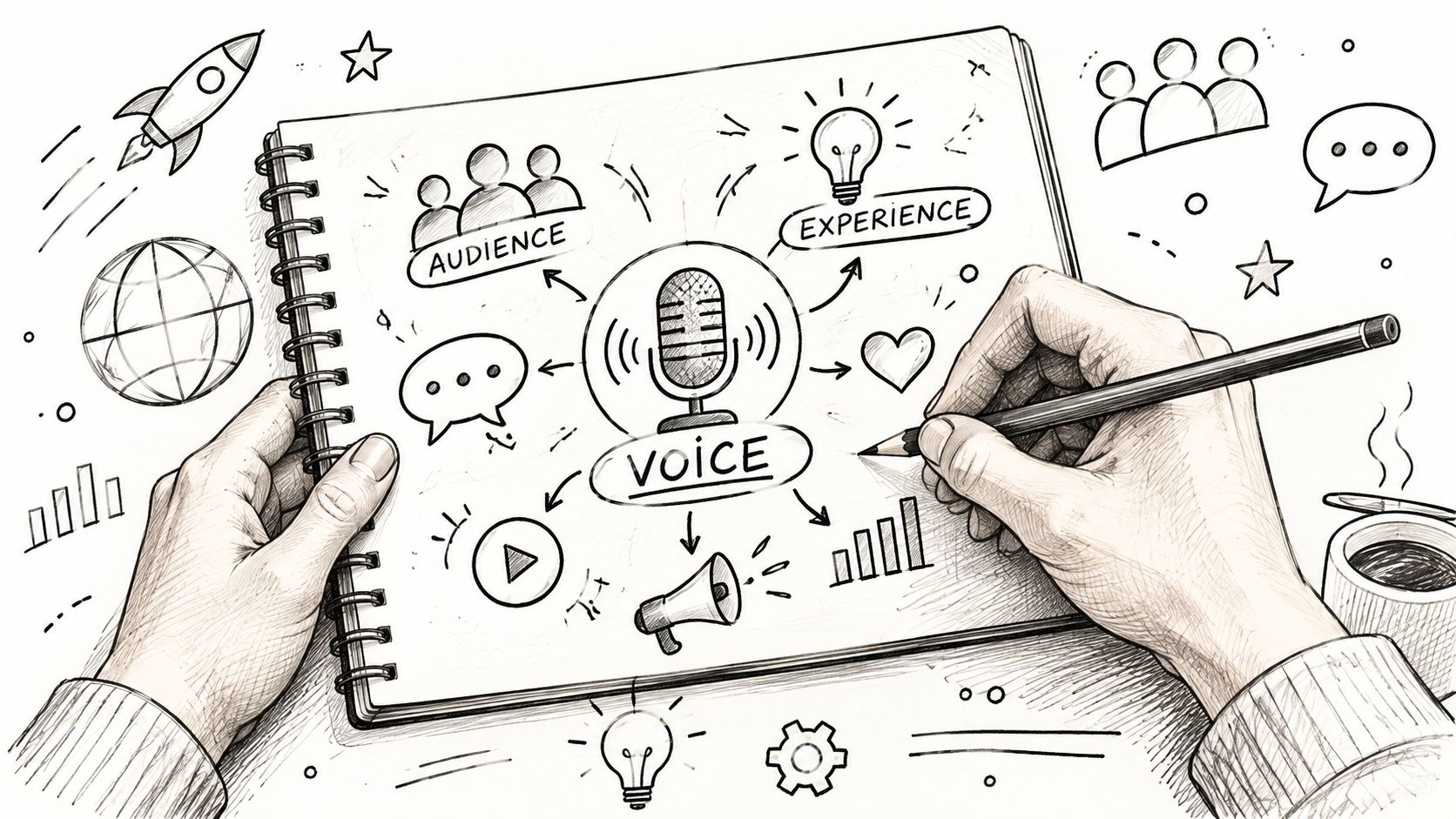 A hand sketching a brand voice concept map with a central microphone icon in a spiral notebook.
