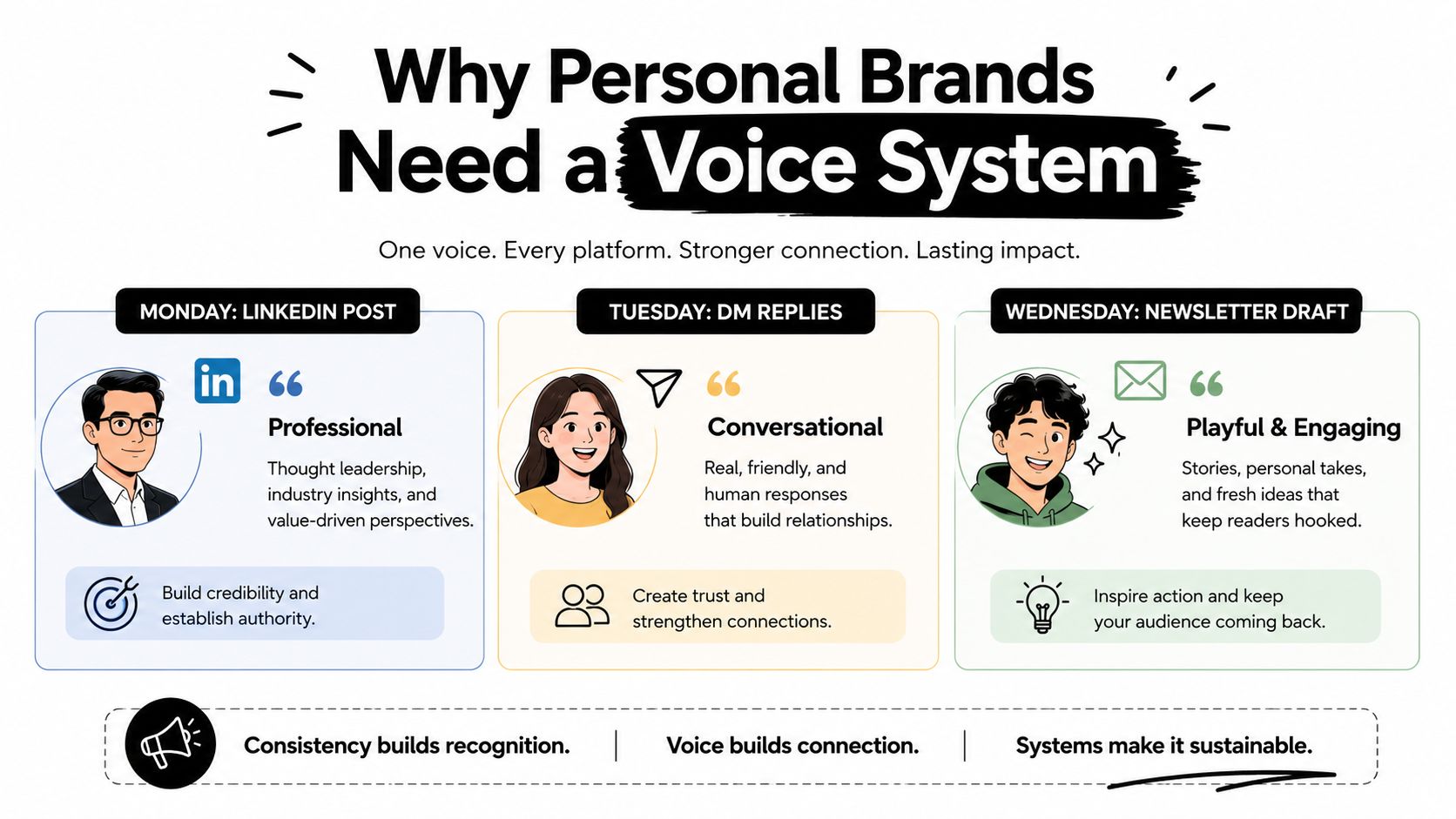 An infographic titled Why Personal Brands Need a Voice System, detailing different communication styles across platforms.