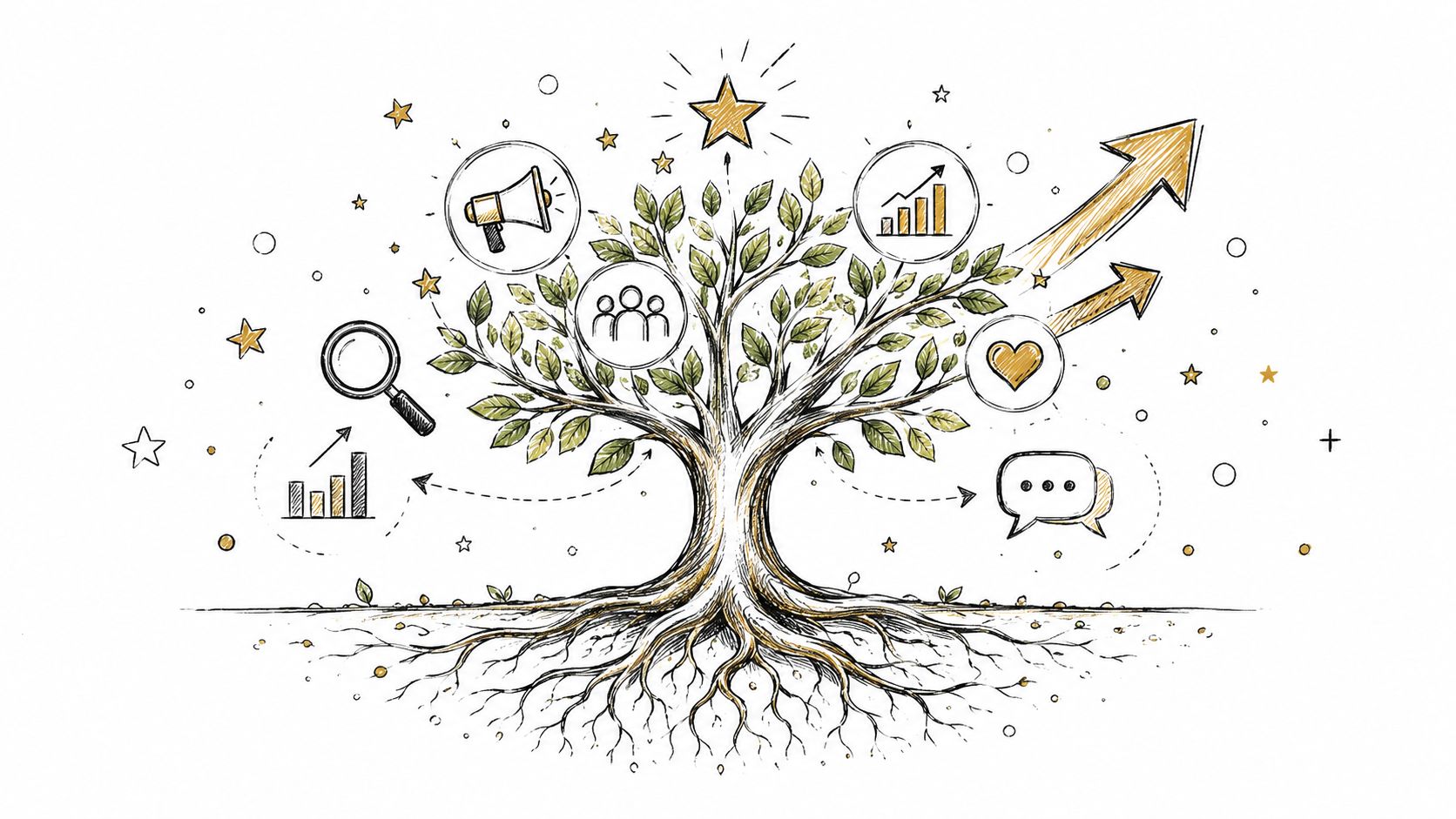 A hand-drawn illustration of a tree featuring icons for marketing, growth, community, and communication.