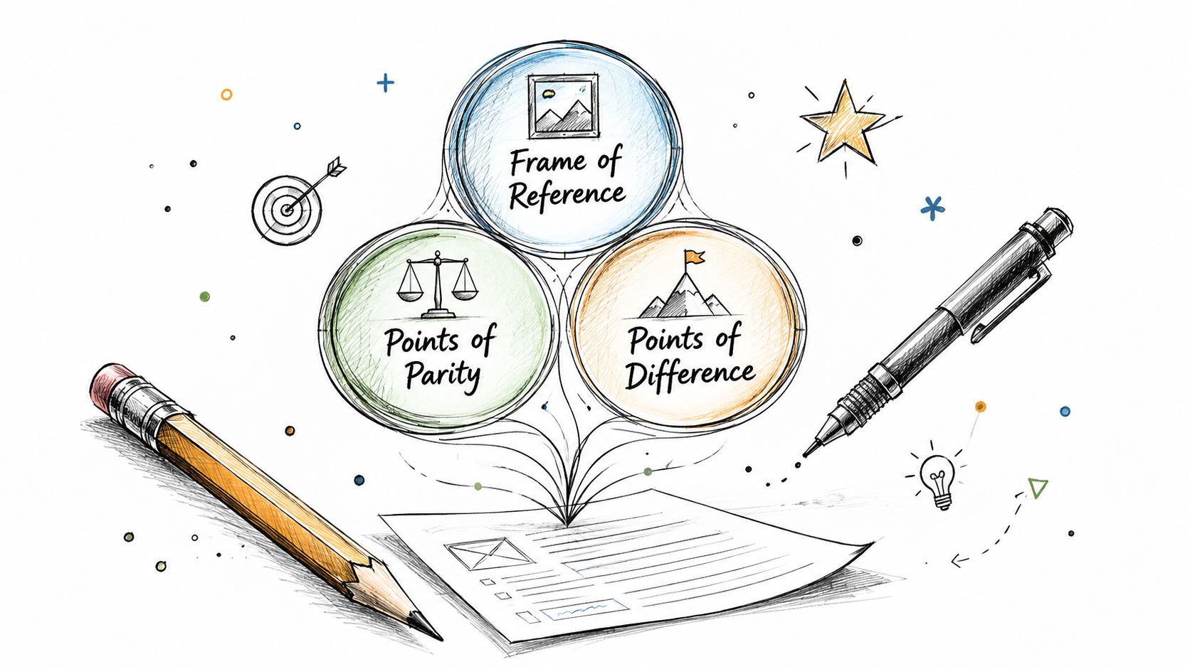 An illustrated diagram showing brand positioning strategy with circles for frame of reference, points of parity, and points of difference.