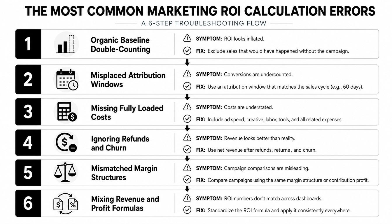 A 6-step troubleshooting flow chart outlining common errors in calculating marketing return on investment.