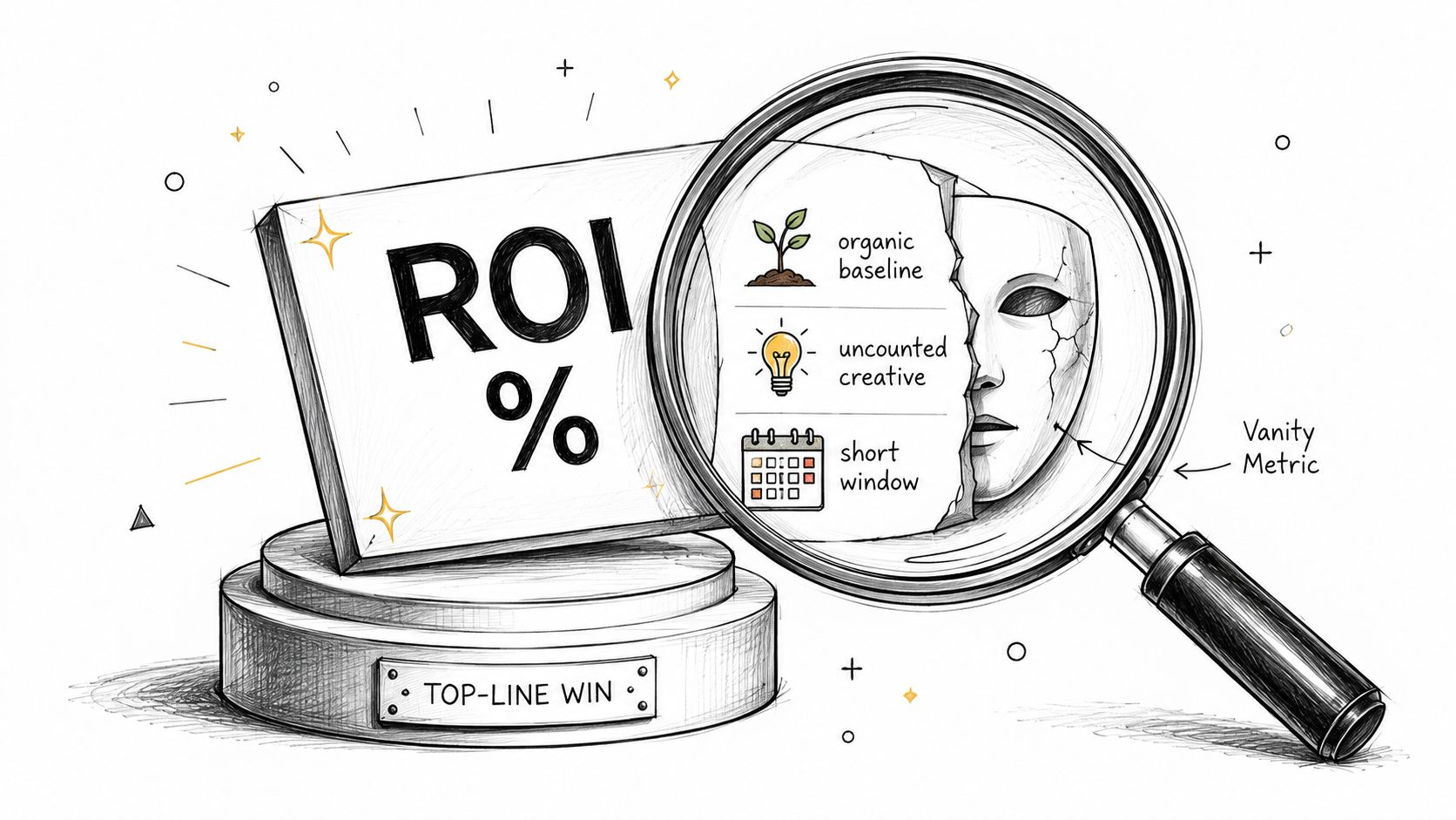 A magnifying glass reveals a cracked mask hidden behind a sign labeled ROI percentage for marketing.