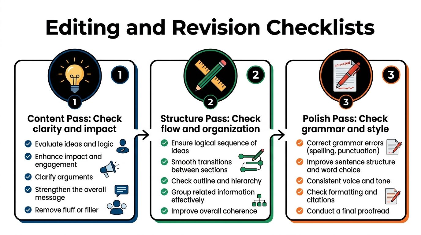 A three-step editing and revision checklist infographic for improving writing clarity, structure, and grammar.
