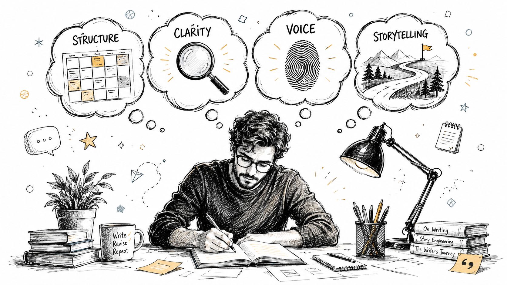 A writer sketching out creative ideas for structure, clarity, voice, and storytelling at an organized desk.