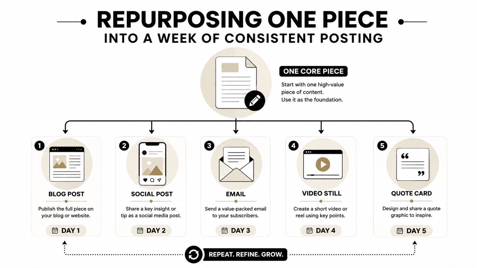 A strategic content repurposing workflow graphic showing how to transform one piece into five days of content.
