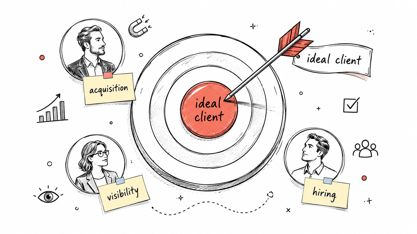 A hand-drawn illustration showing a target with an arrow hitting the center, labeled with ideal client, acquisition, visibility, and hiring.