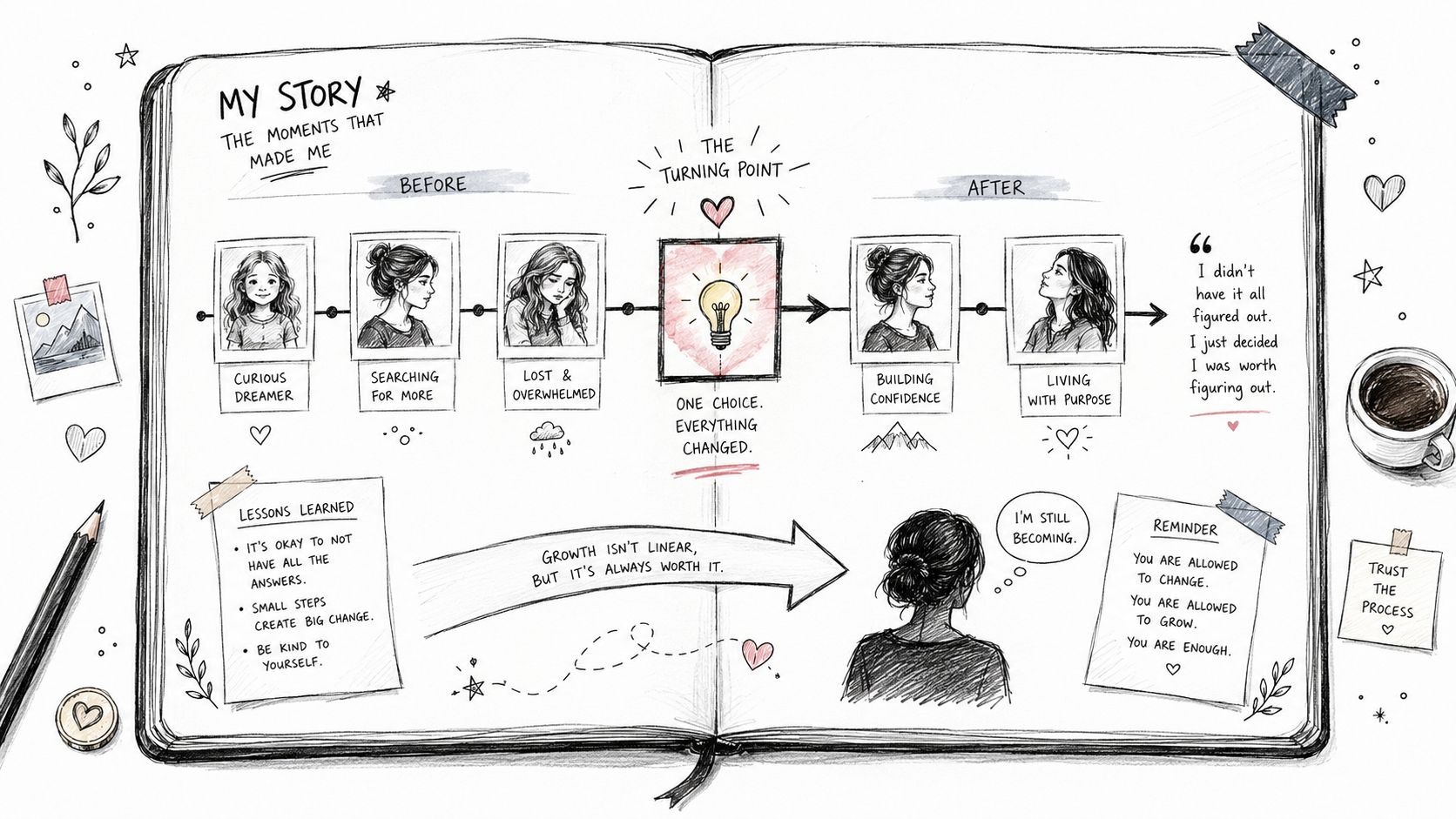 A hand-drawn personal growth timeline in a journal showing stages of life transformation and self-discovery.