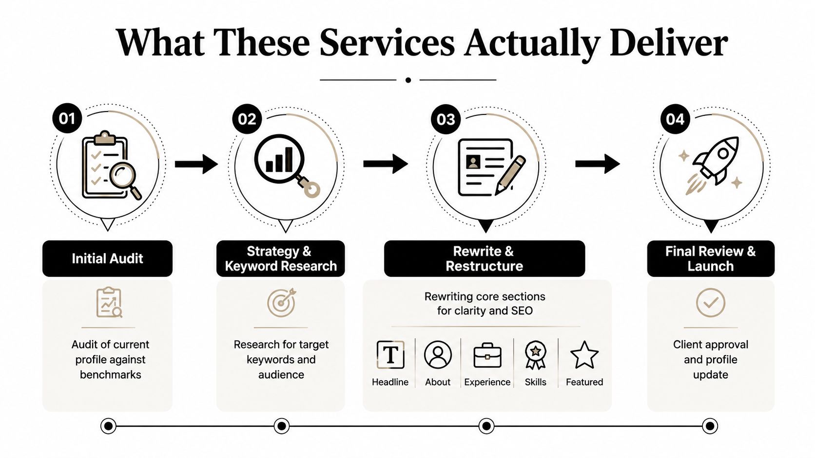 A four-step infographic illustrating the professional LinkedIn profile optimization process from initial audit to final launch.